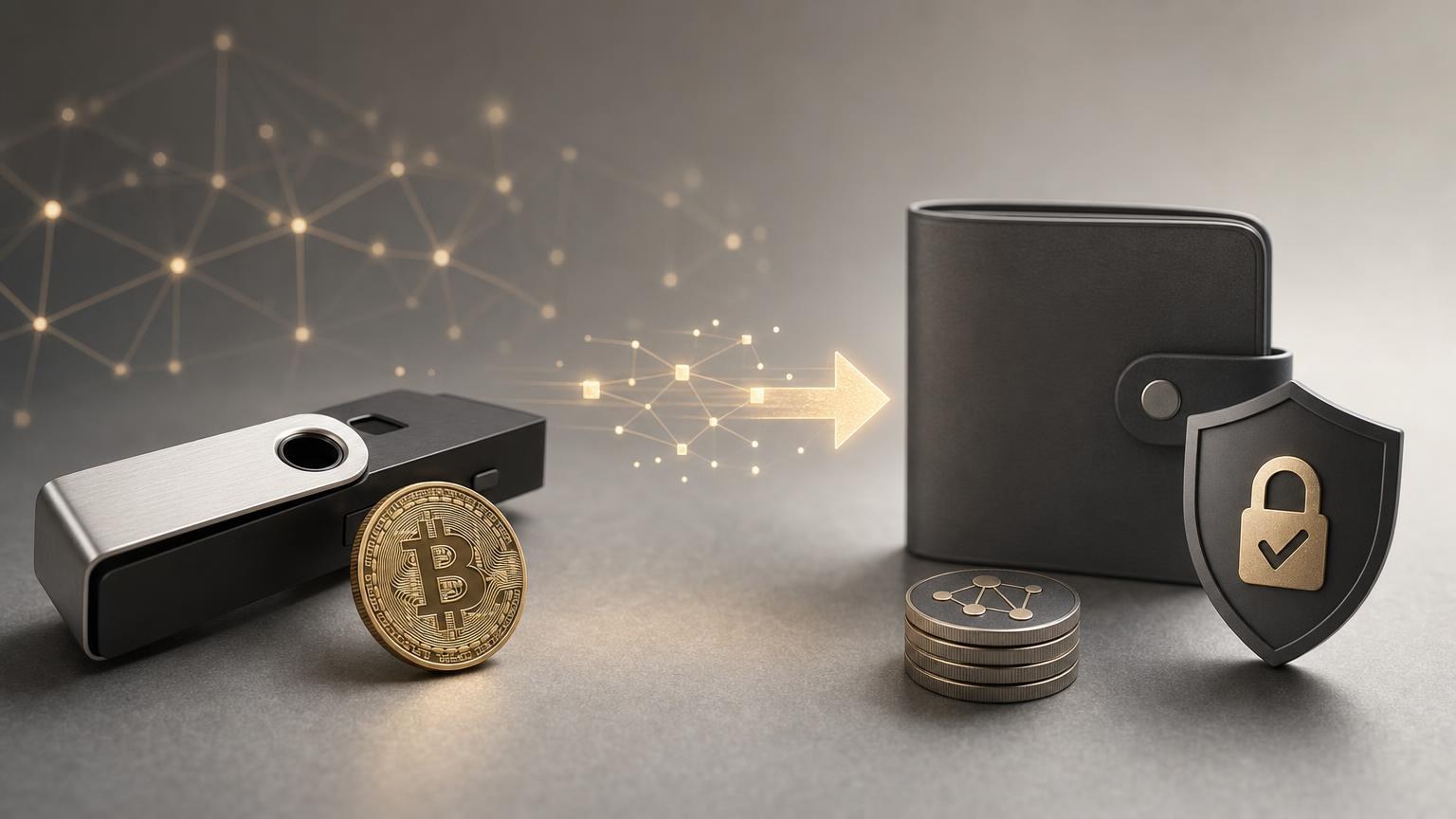 Hardware wallet beside a laptop displaying a Bitcoin transfer review screen with the recipient address, amount, and network fee